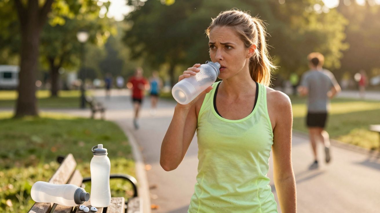 Mulher em roupa de ginástica bebendo água de garrafa num parque com pessoas correndo ao fundo.