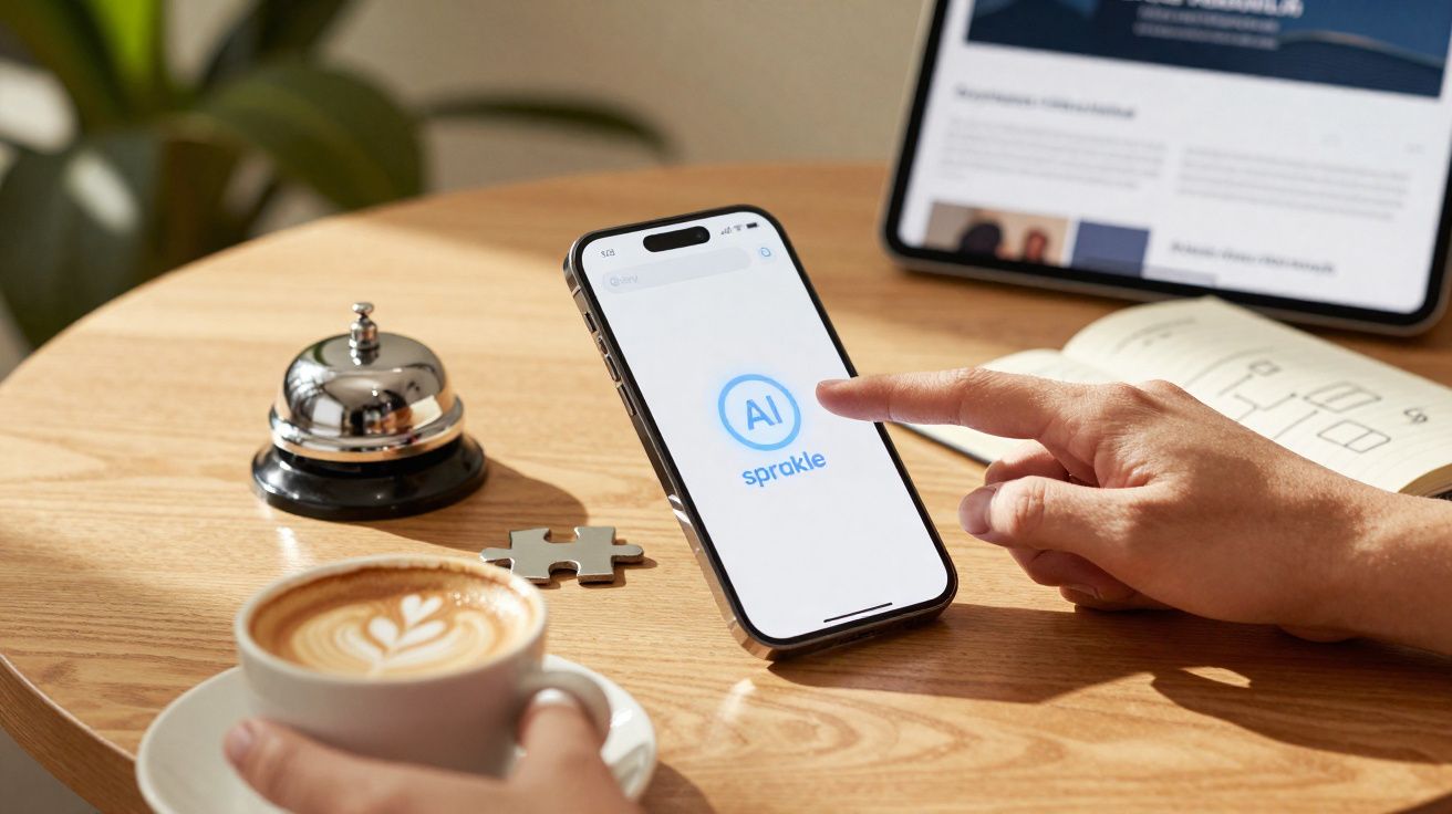 Pessoa segurando xícara de café e tocando celular com logo AI Sprakle em mesa com sino e tablet.