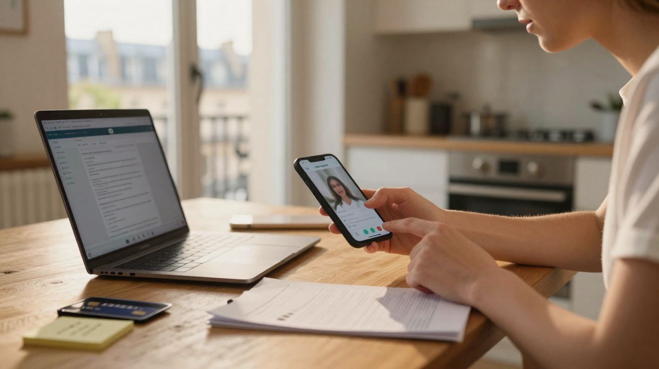 Pessoa usando smartphone para chamada de vídeo enquanto está em uma mesa com notebook e documentos.
