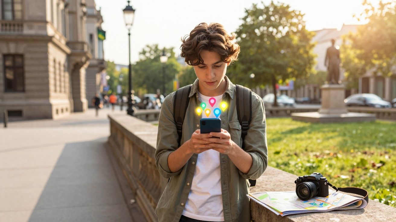 Jovem olhando smartphone com ícones de localização coloridos, mochila nas costas, câmera e mapa ao lado.