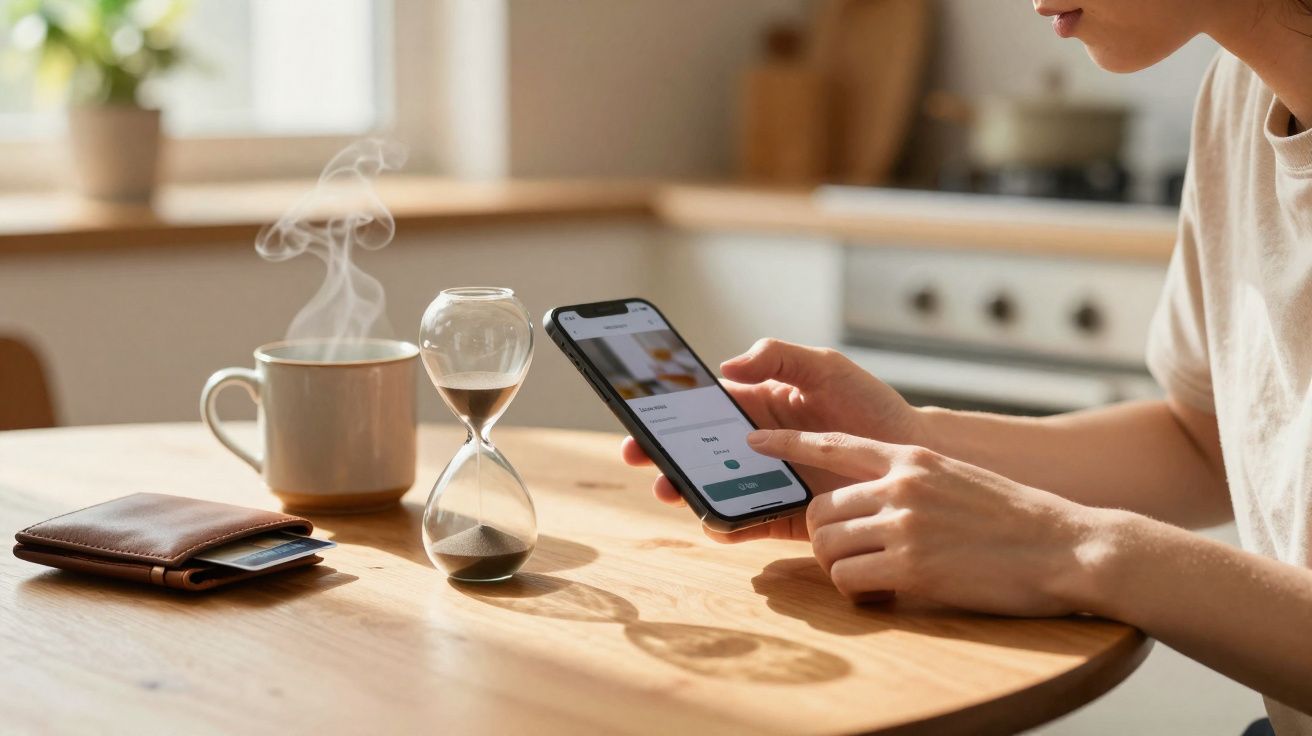 Pessoa usando smartphone em mesa com ampulheta, xícara de café fumegante e carteira de couro marrom.