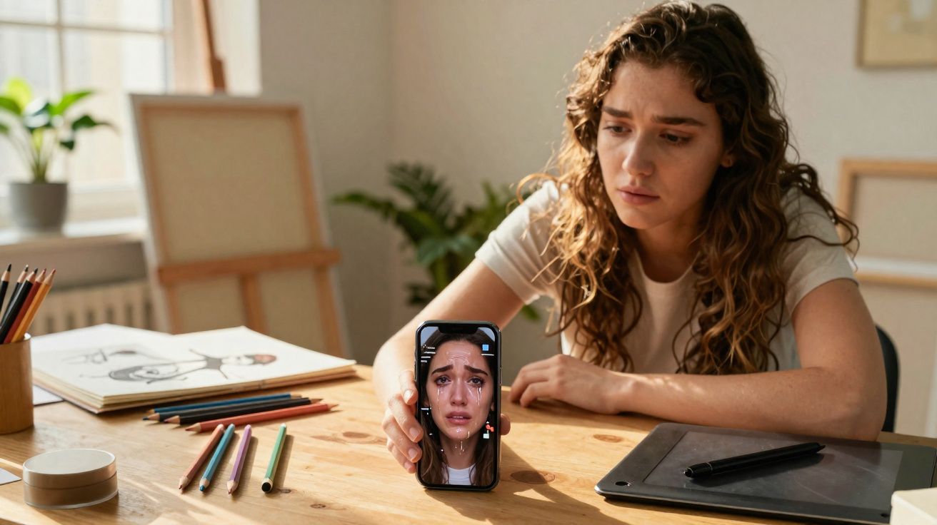 Mulher preocupada segurando celular com imagem dela chorando enquanto está sentada em mesa de trabalho.