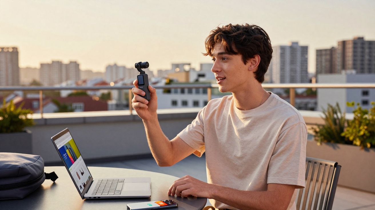 Jovem sentado em mesa ao ar livre grava vídeo com câmera pequena, ao lado de laptop e smartphone.