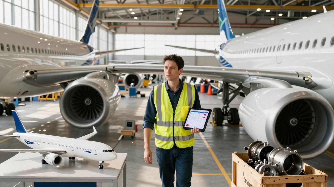 Técnico com colete refletivo e tablet em hangar de avião, ao lado de modelo e peças de aeronave.