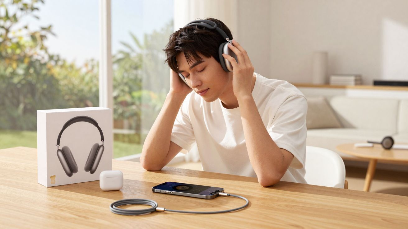 Jovem sentado ouvindo música com fones de ouvido em ambiente claro e moderno, com caixa do produto na mesa.