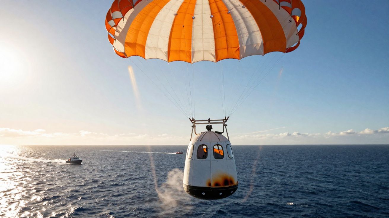 Capsula de espaçonave pousando no oceano com paraquedas laranja e branco aberto ao amanhecer.