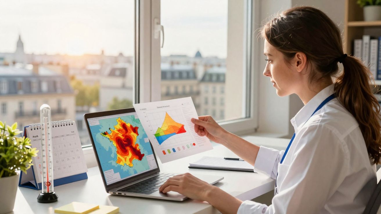 Mulher analisando gráficos de mapas térmicos em papel e laptop em escritório com janela ao fundo.