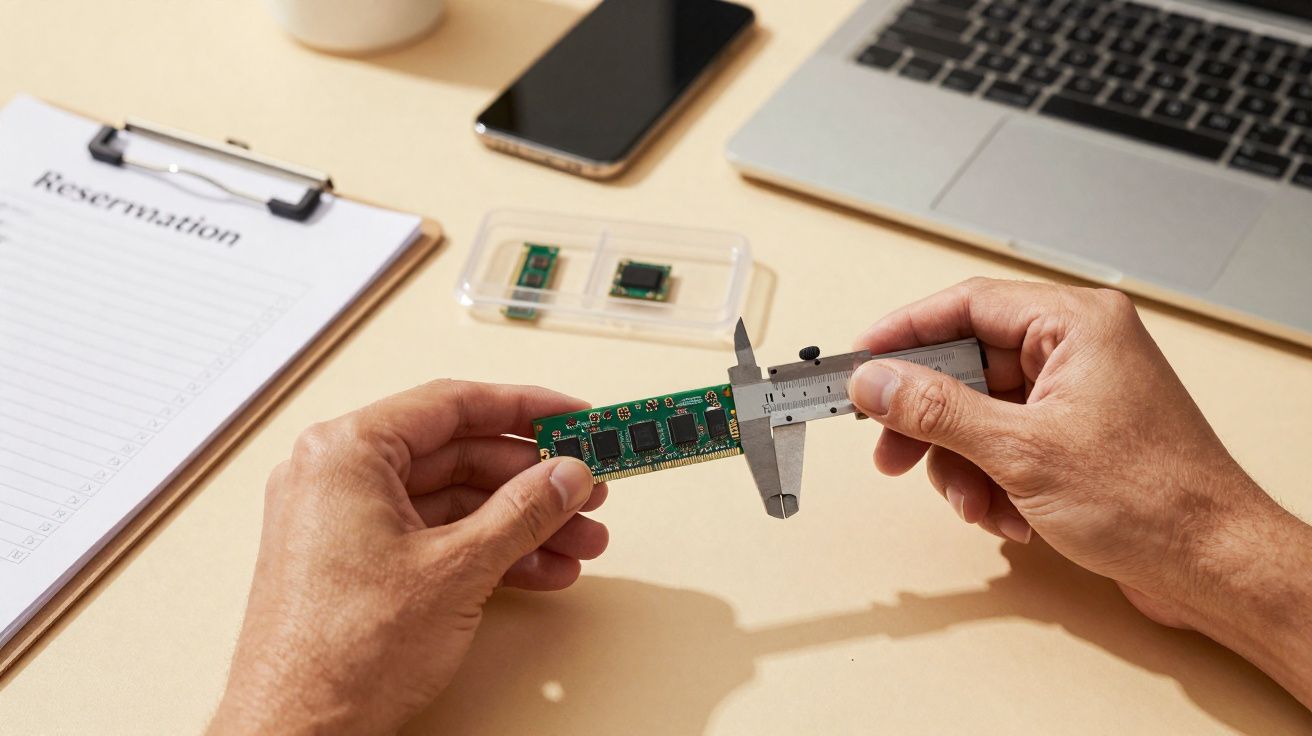 Mãos usando paquímetro para medir componente eletrônico verde com laptop e celular ao fundo sobre mesa bege.