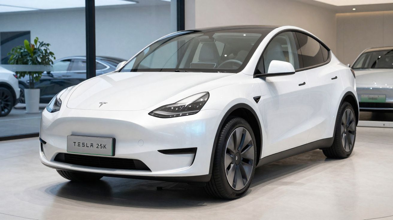 Carro elétrico Tesla branco modelo Y em exposição dentro de showroom moderno.