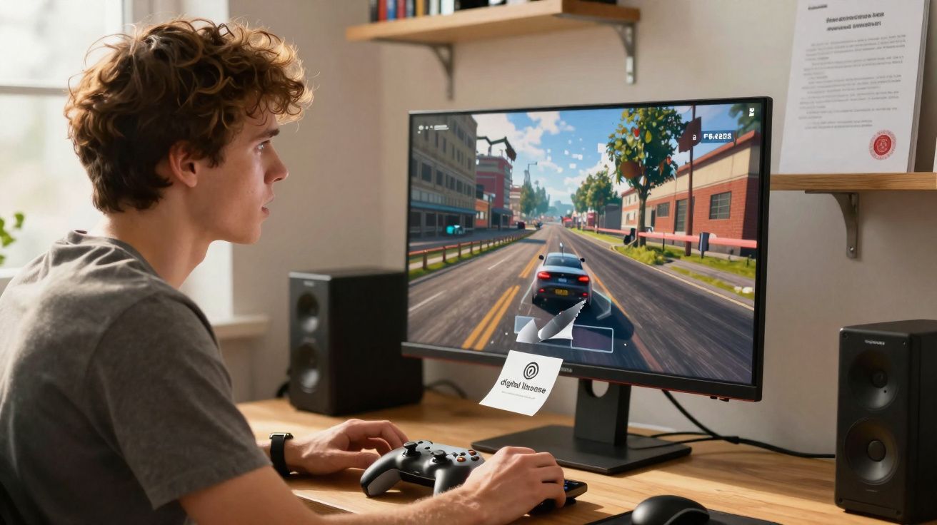 Jovem jogando videogame de corrida em monitor enquanto segura controle em mesa com acessórios.