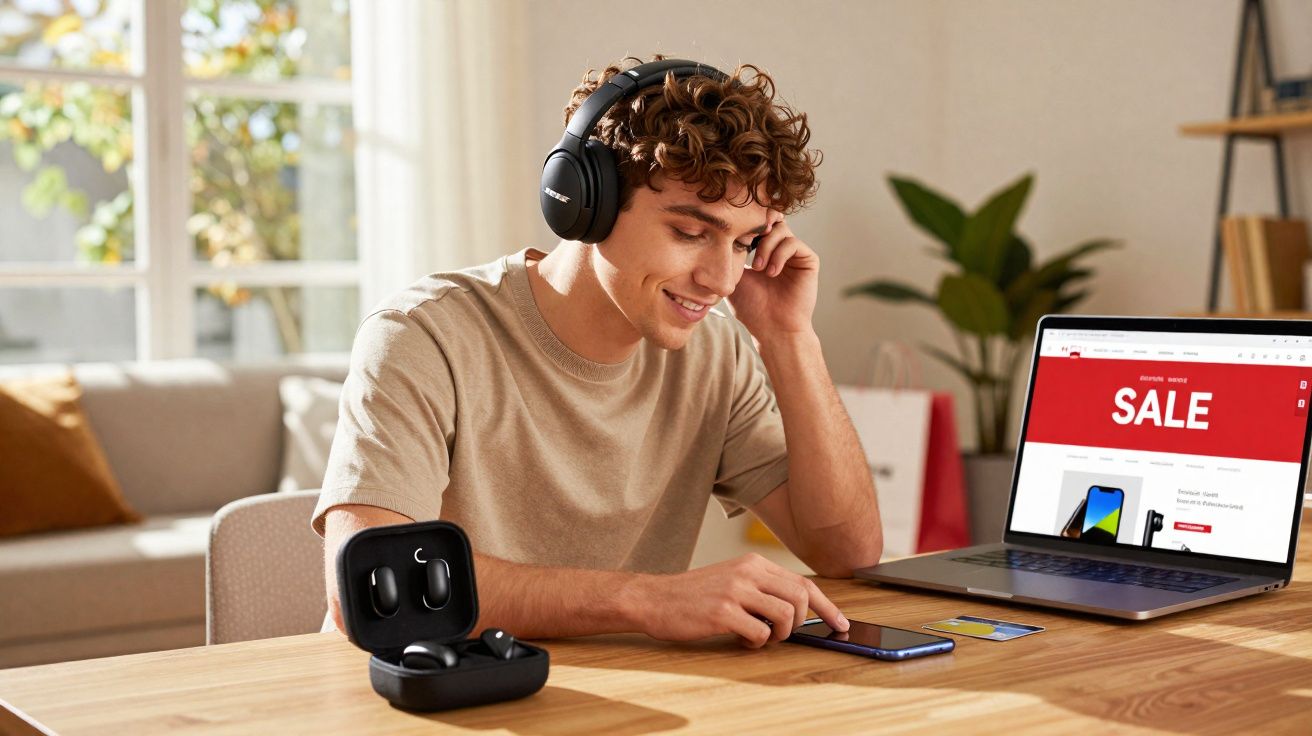 Jovem usando fones de ouvido sem fio, mexendo no celular, com laptop aberto em página de promoção.