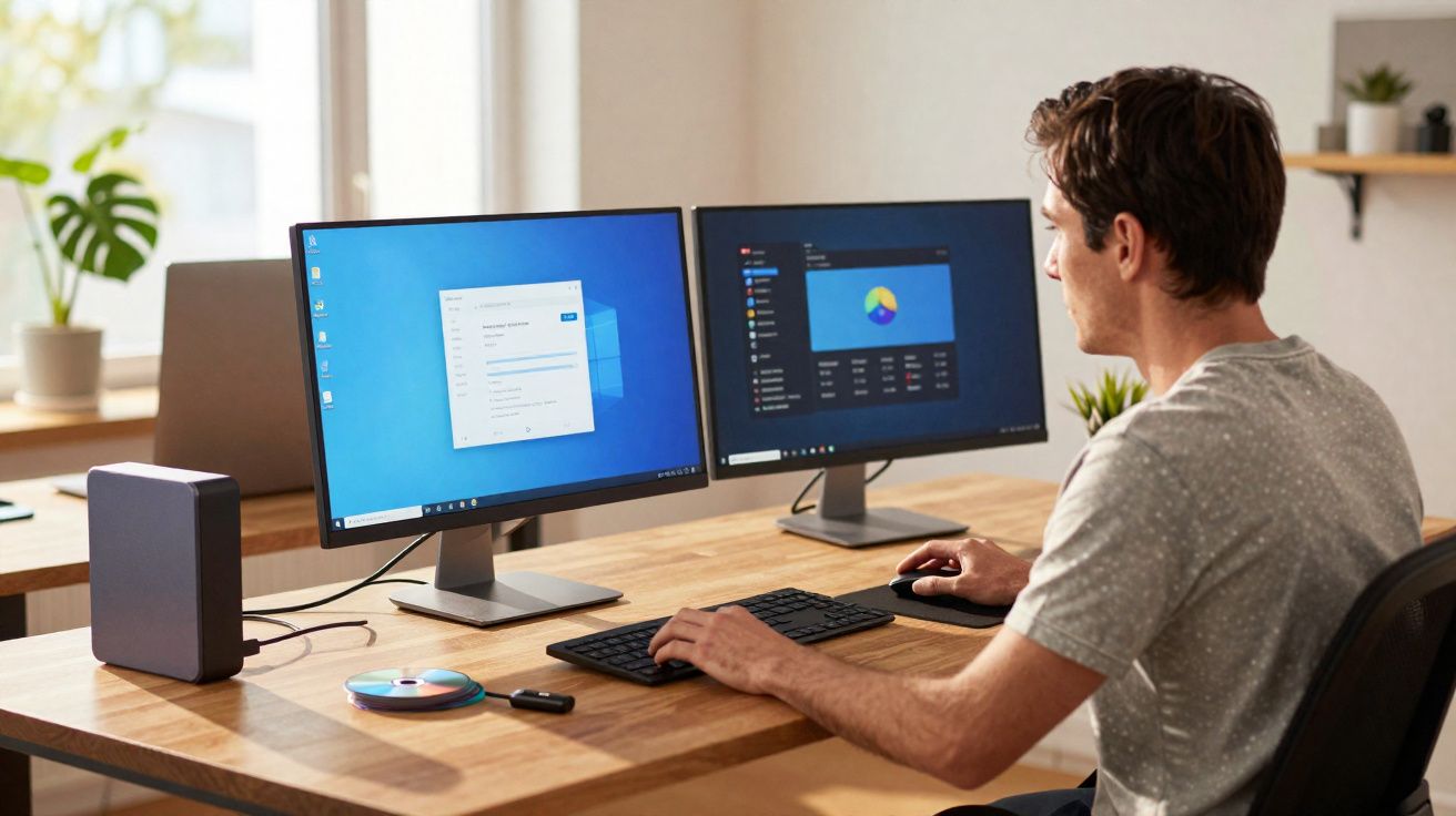 Homem sentado trabalhando em mesa com dois monitores de computador em ambiente iluminado.