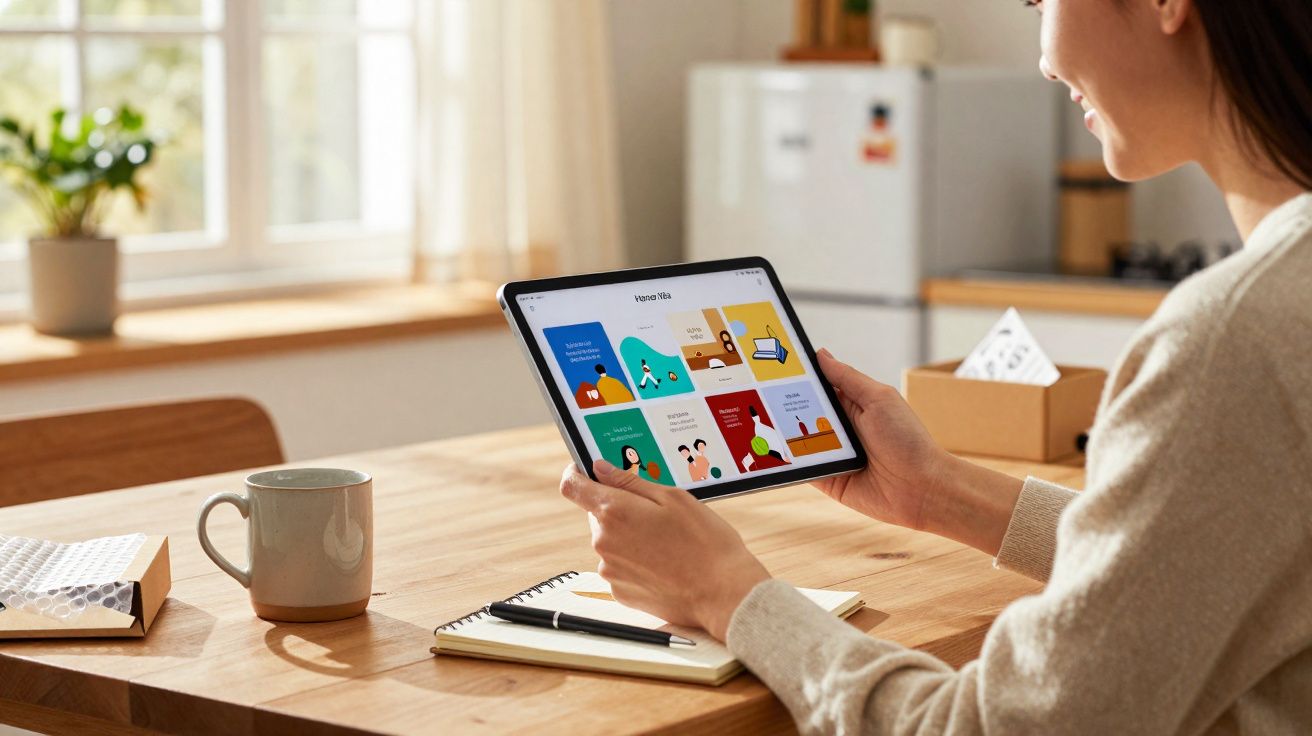 Mulher sentada à mesa usando tablet com programas educativos, caneca e caderno ao redor.
