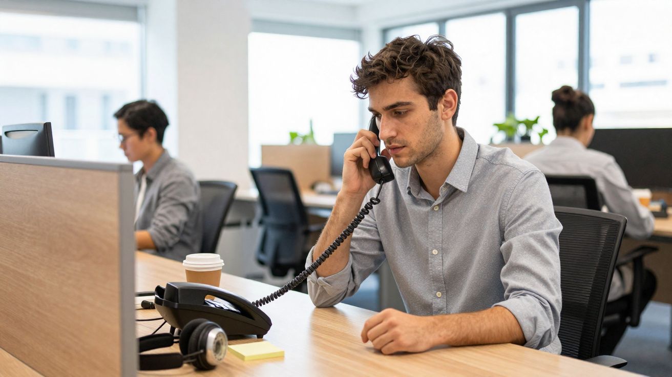 Homem jovem falando ao telefone fixo sentado em mesa de escritório com colegas ao fundo.