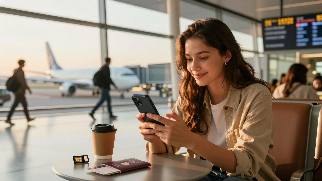 Jovem sorrindo usando celular em aeroporto com passaporte e café sobre a mesa.