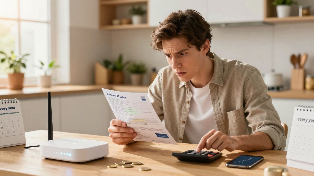 Homem preocupado analisando conta enquanto usa calculadora em mesa com roteador e moedas.