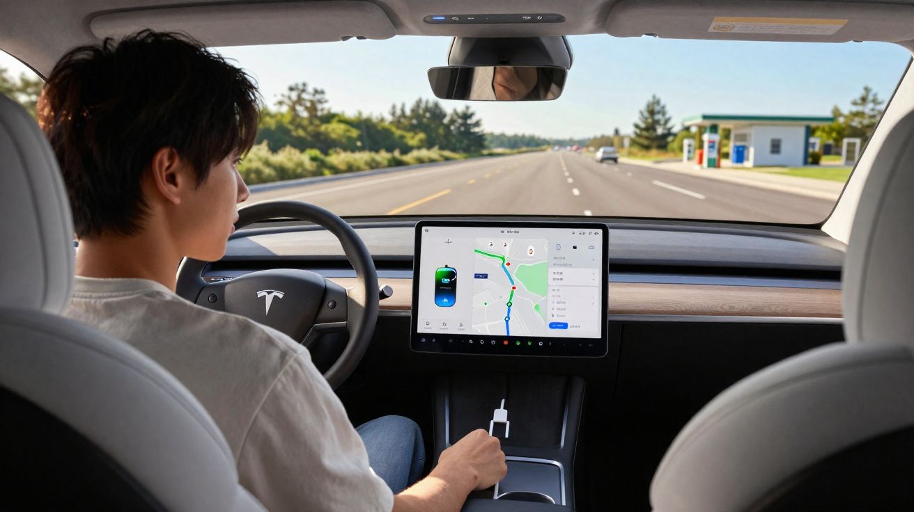 Pessoa dirigindo um Tesla em estrada, com tela central exibindo mapa e navegação.