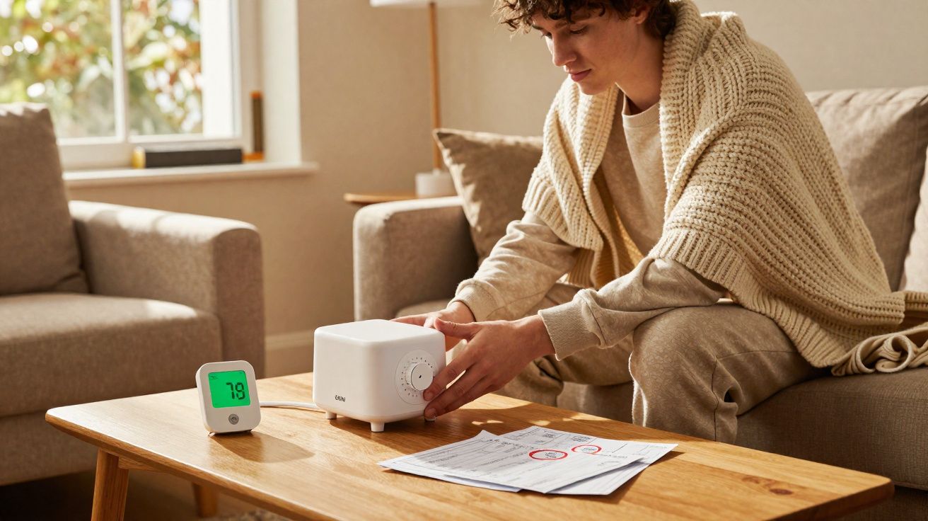 Pessoa ajusta um termostato branco em uma sala, com um medidor digital mostrando 79 na mesa.