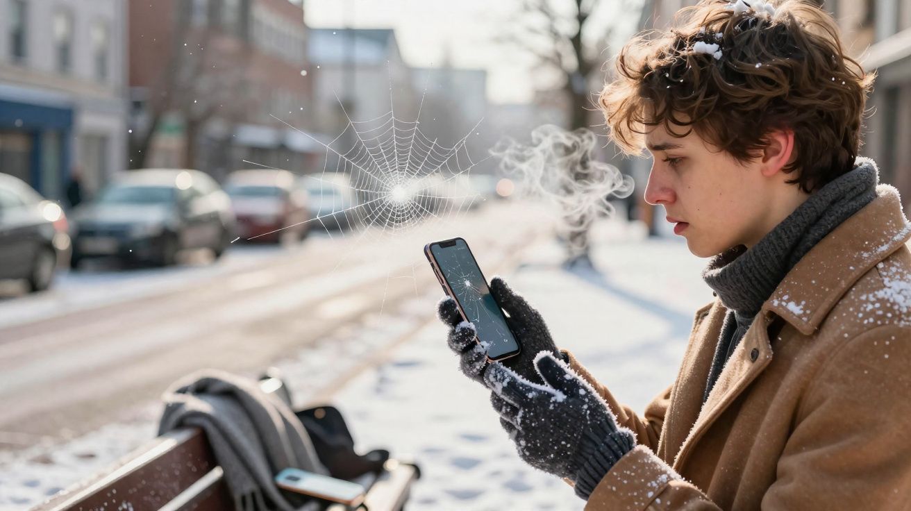 Pessoa com casaco e luvas usando celular em banco na neve com teia de aranha digital visível.