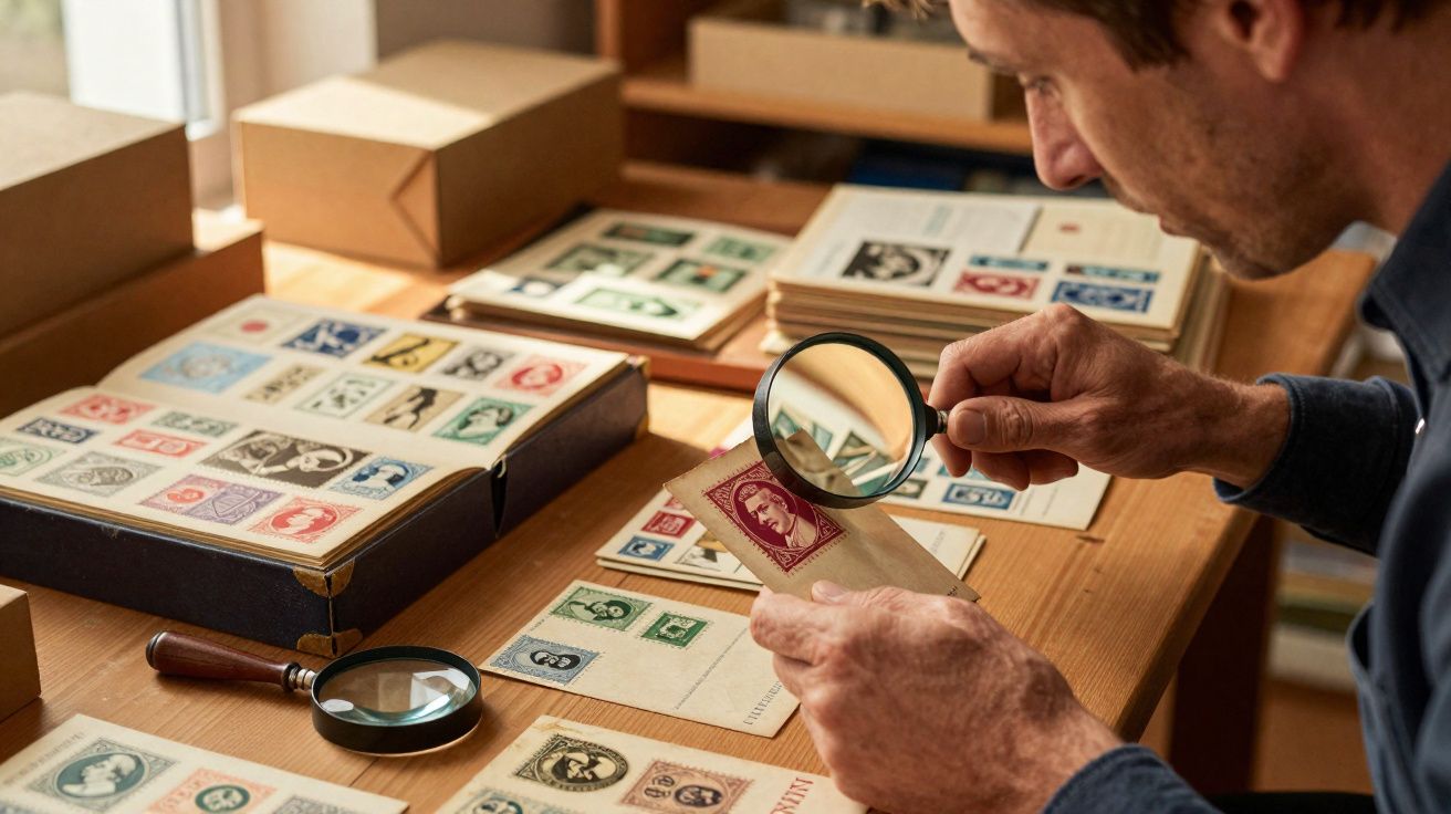 Homem examinando selo postal antigo com lupa em mesa cheia de álbuns e cartas antigas.