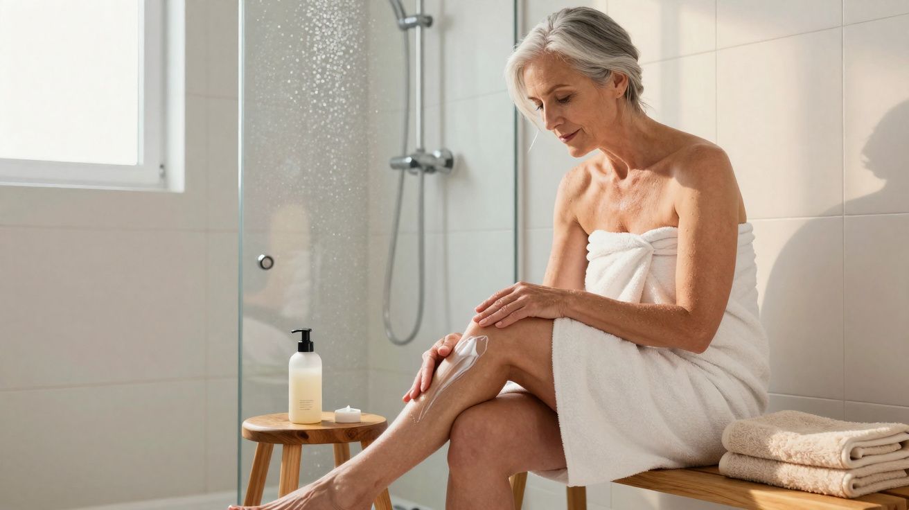 Mulher madura com toalha branca sentada aplicando creme na perna em banheiro iluminado.