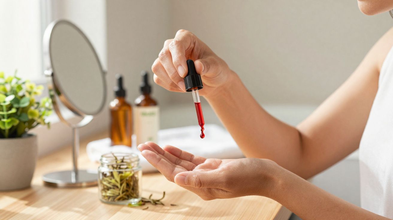 Pessoa aplicando sérum com conta-gotas vermelho nas mãos em mesa com espelho e frascos de cosméticos.
