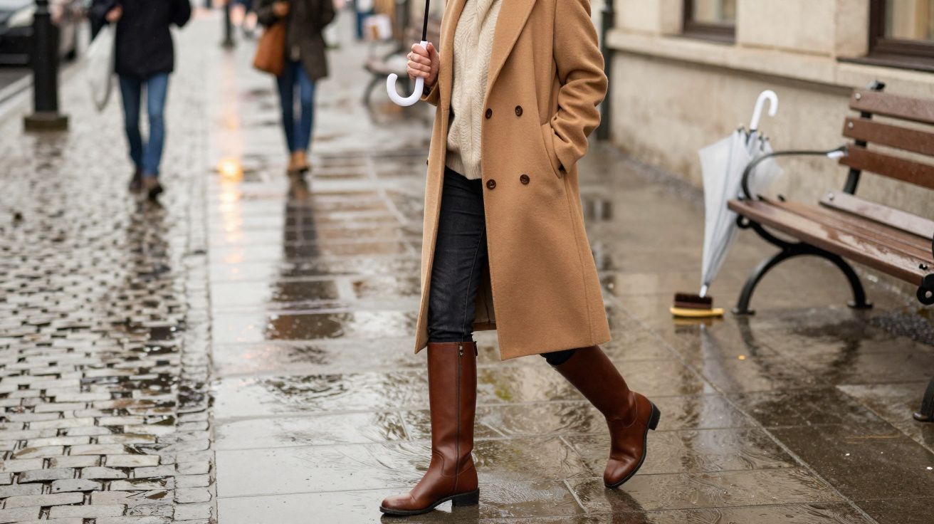 Pessoa com casaco bege e botas marrons caminhando em calçada molhada segurando guarda-chuva branco fechado.
