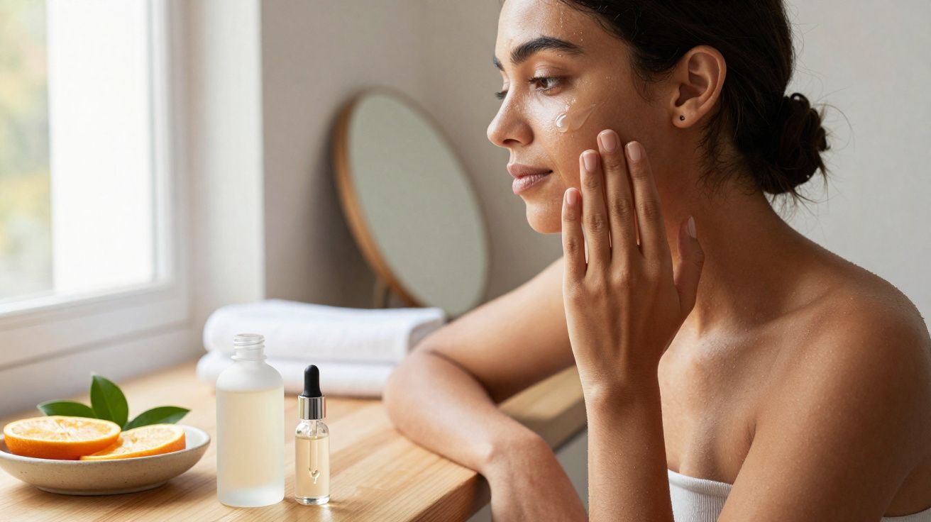 Mulher aplicando creme facial ao lado de frascos e frutas em bancada próxima à janela.