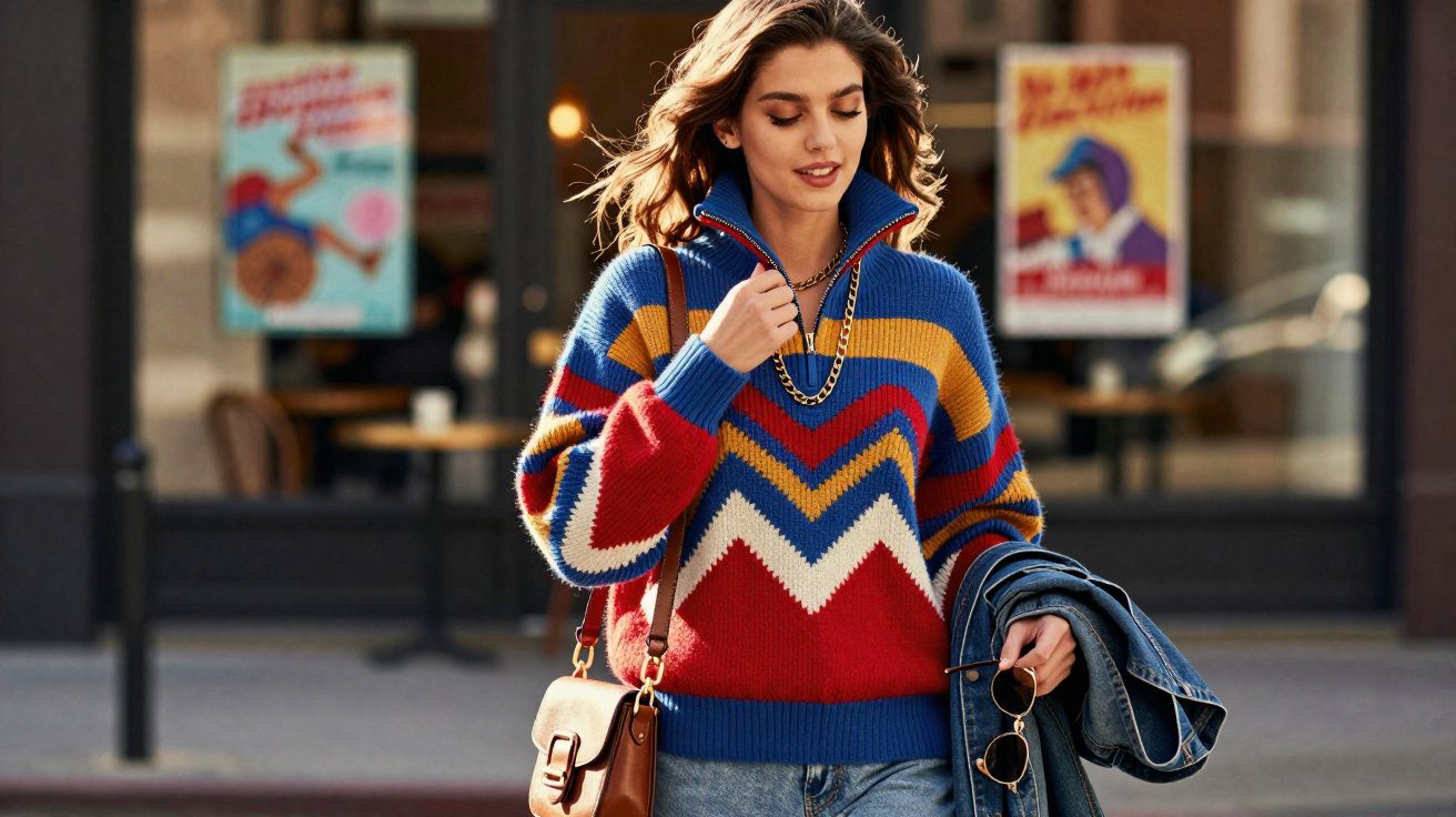 Mulher caminhando na rua com suéter colorido, bolsa marrom e jaqueta jeans dobrada no braço.