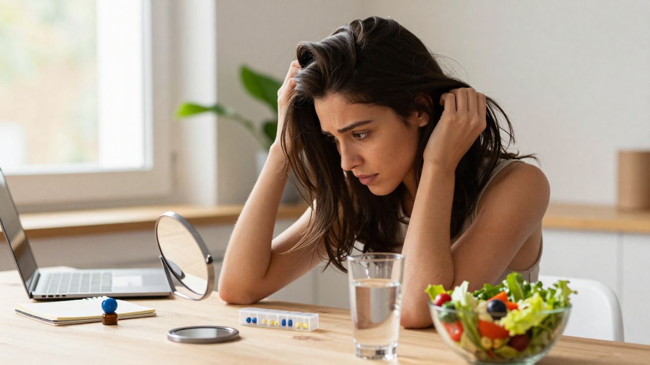 Mulher olhando preocupada para comprimidos em organizador na mesa, com notebook e salada ao lado.