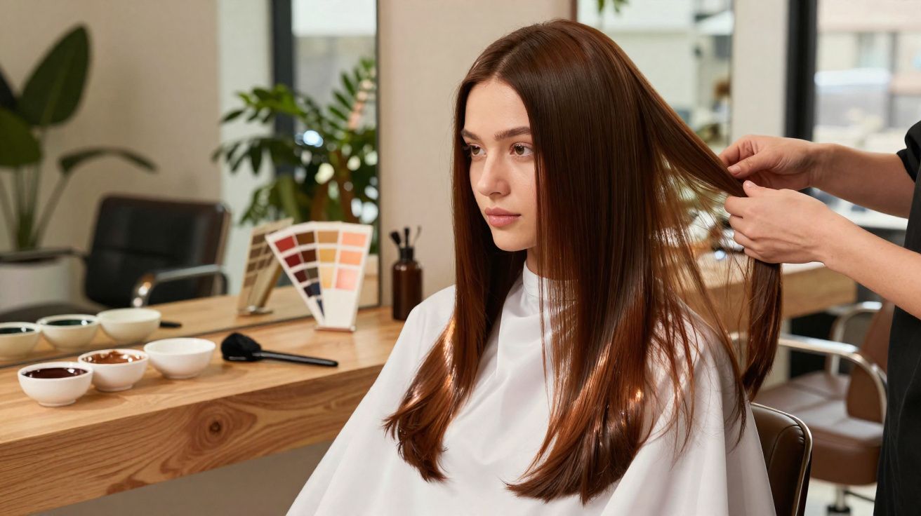 Mulher sentada em salão de beleza com cabelo liso sendo tratado por cabeleireiro.