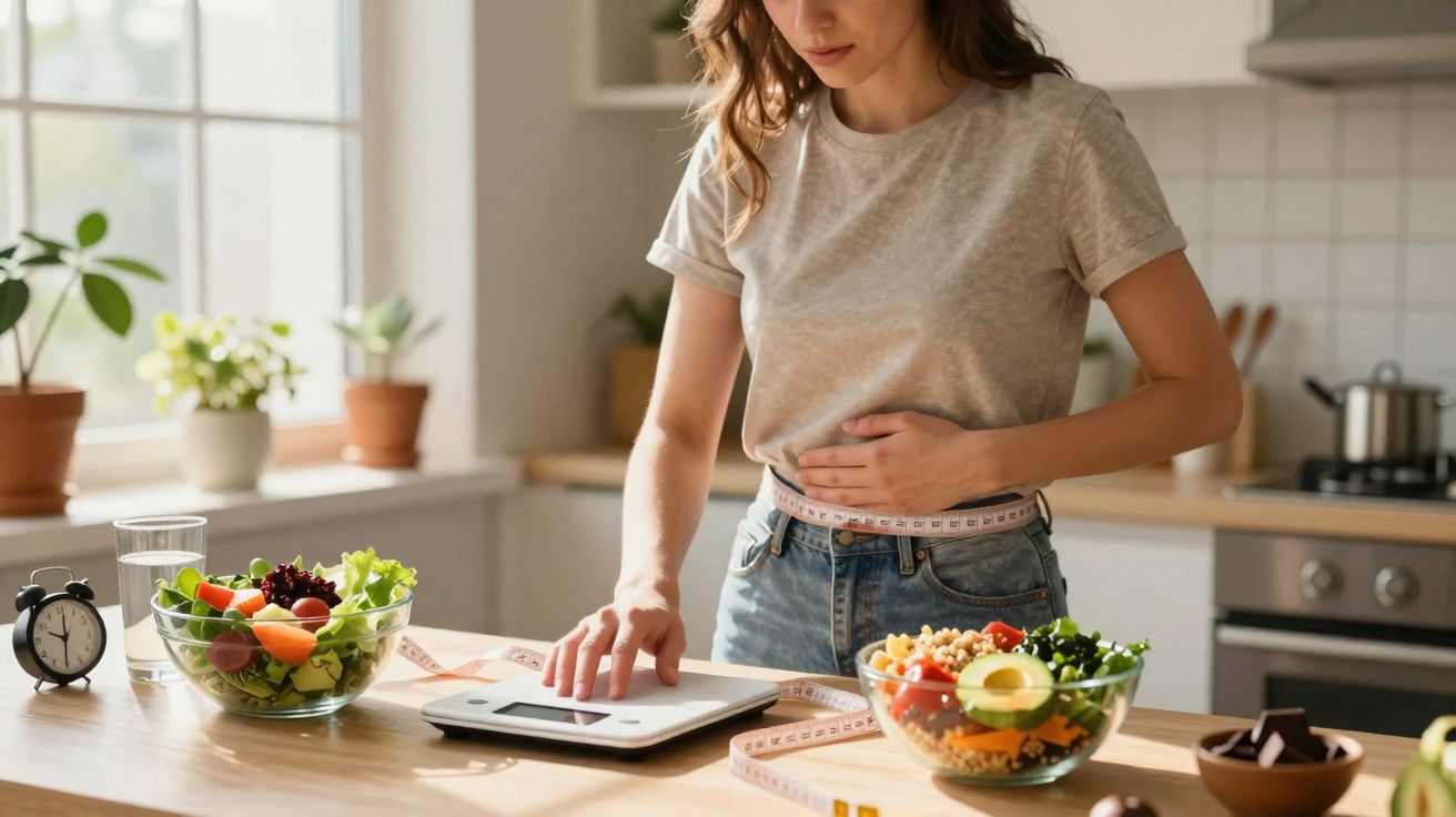 Mulher mede cintura com fita métrica e verifica peso na balança em cozinha iluminada com salada e chocolate.
