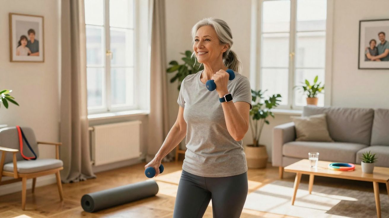 Mulher adulta sorridente fazendo exercícios com halteres na sala iluminada por janelas grandes.