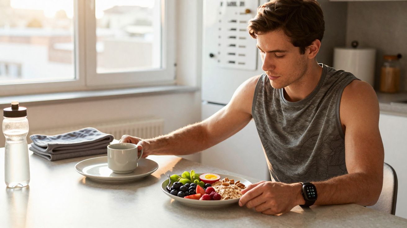Homem sentado à mesa com prato de frutas, cereal e ovo, segurando uma xícara branca na cozinha.
