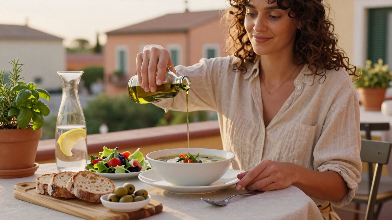Mulher derramando azeite em sopa com salada, pão e azeitonas em mesa ao ar livre ao entardecer.