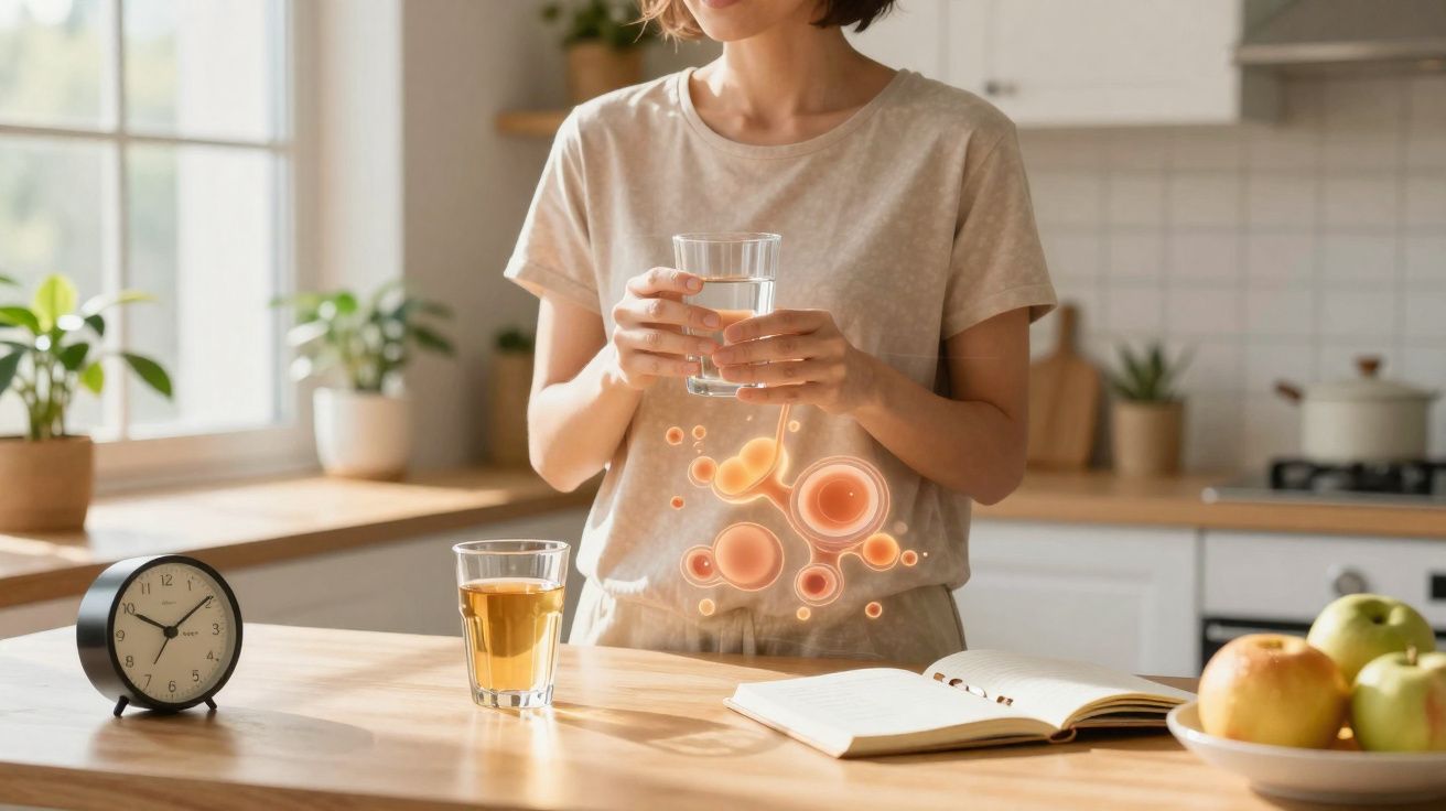 Mulher em cozinha segurando copo d'água com ilustrações de metabolismo sobre o corpo.