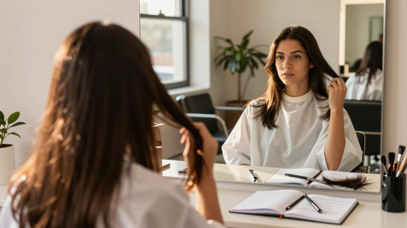 Mulher olhando para o espelho segurando o cabelo, com tesoura e caderno na mesa.