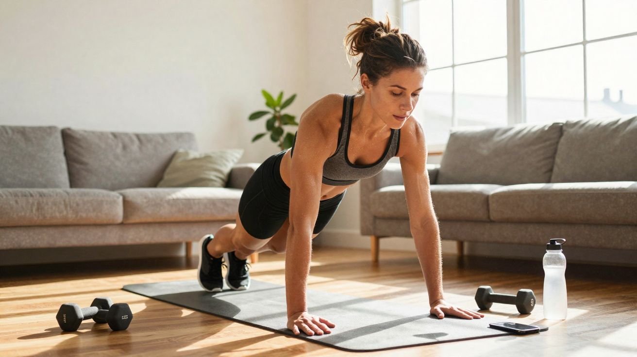 Mulher fazendo prancha em tapete de yoga em sala iluminada com halteres e garrafa de água ao lado.