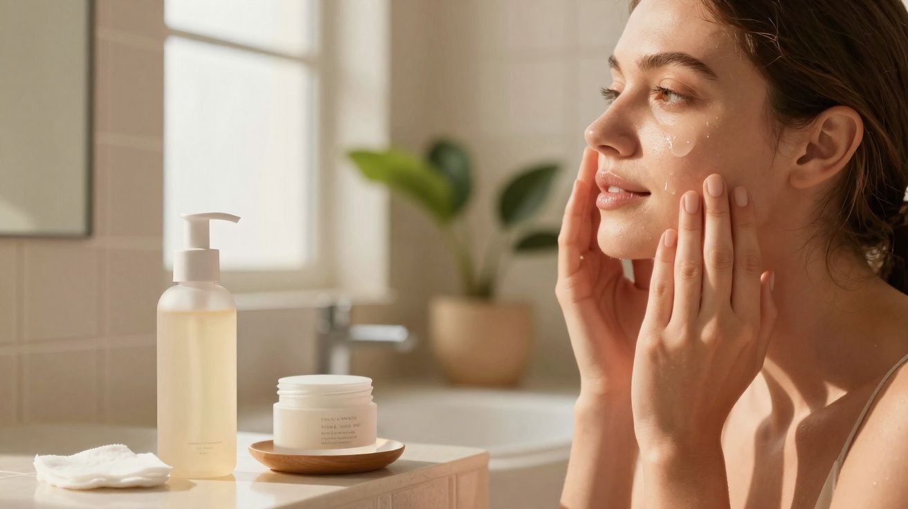 Mulher aplicando creme no rosto em banheiro iluminado, com produtos de cuidado facial na bancada.