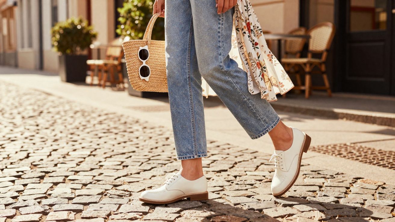Pessoa caminhando em rua de paralelepípedo com calça jeans, sapatos brancos e bolsa de palha.