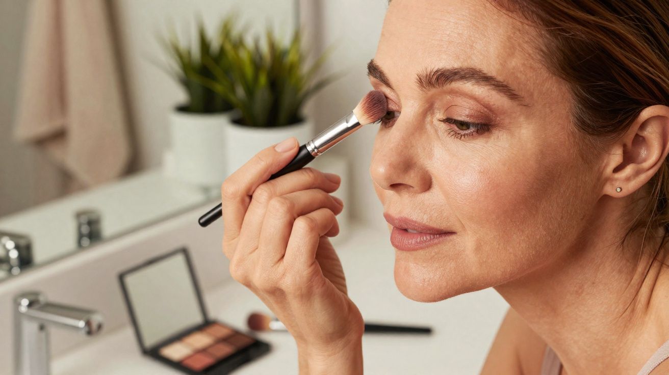 Mulher aplicando sombra marrom com pincel na maquiagem, com paleta e plantas ao fundo no banheiro.