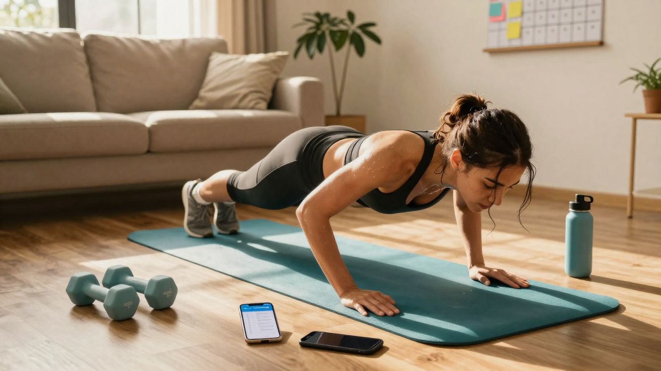 Mulher fazendo flexão no chão da sala com colchonete, halteres, celular e garrafa d'água.