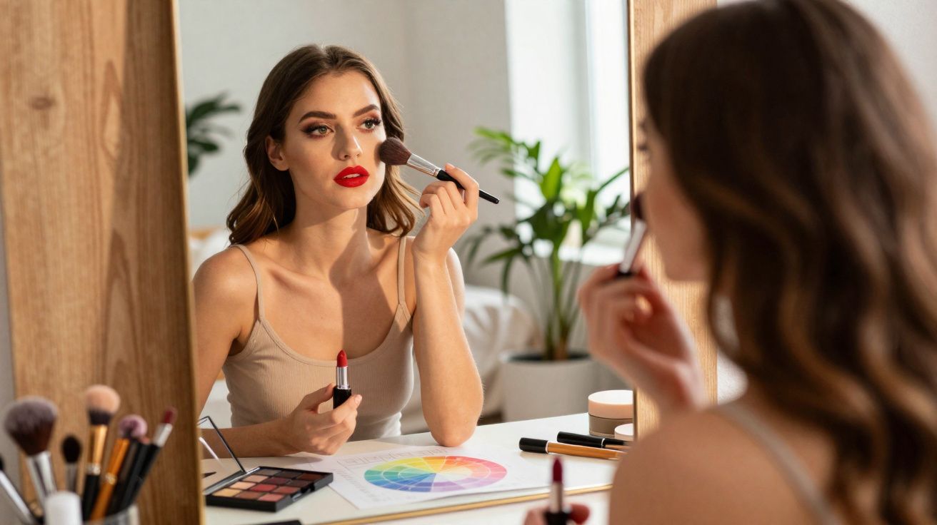 Mulher aplicando blush no rosto enquanto se olha no espelho, segurando batom vermelho e paleta de maquiagem.