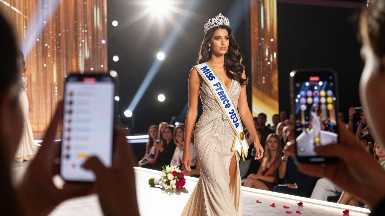Mulher com coroa e faixa de Miss France 2024 desfila em passarela iluminada com público ao fundo.