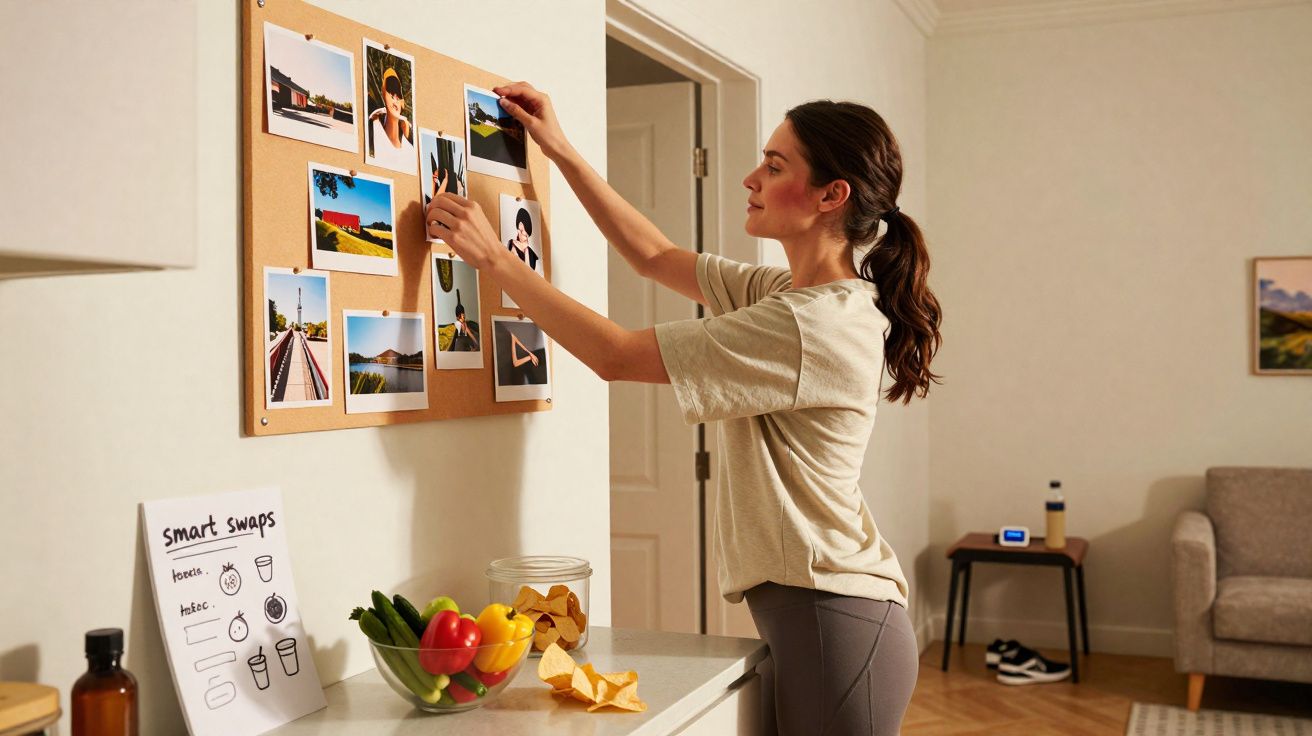 Mulher organizando fotos em mural de cortiça na cozinha, com frutas e snacks na bancada.
