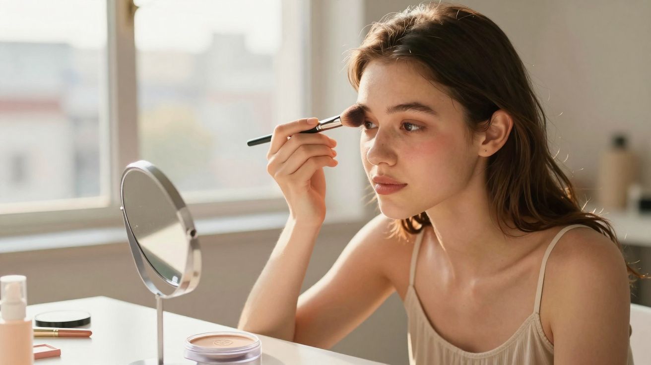 Jovem aplicando maquiagem no rosto com pincel enquanto se olha no espelho de mesa em ambiente iluminado.