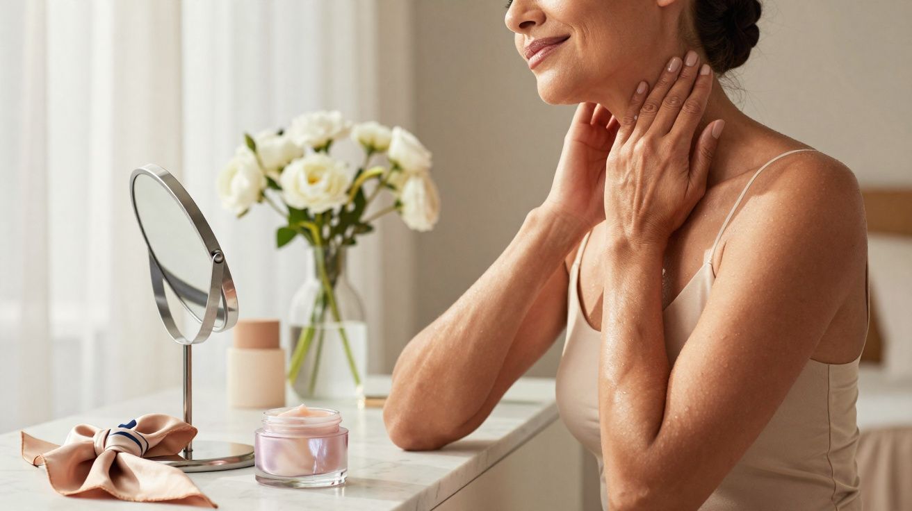 Mulher aplicando creme no pescoço frente a espelho em cômodo iluminado e decorado com flores brancas.