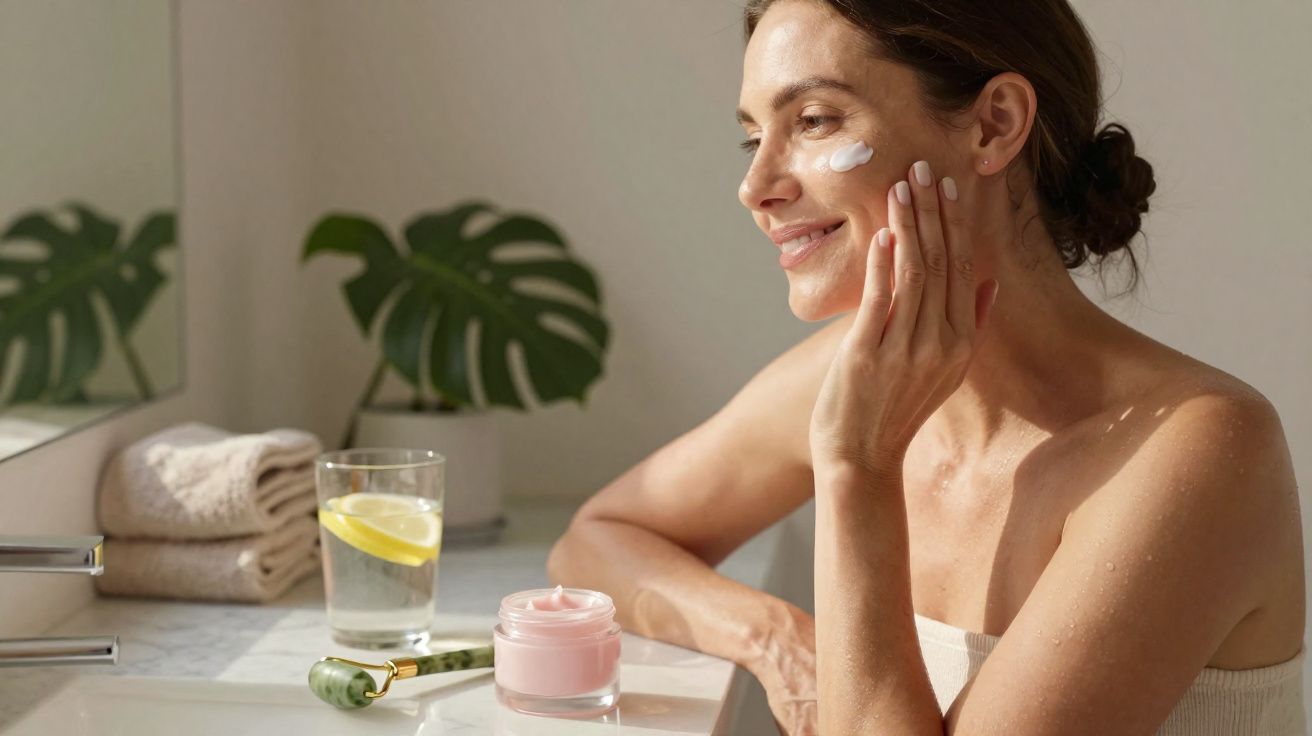 Mulher sorrindo aplicando creme no rosto em banheiro com planta, vidro d'água e toalhas ao fundo.
