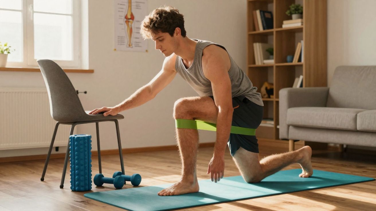 Homem fazendo exercício de resistência com faixa elástica no joelho em tapete dentro de sala.