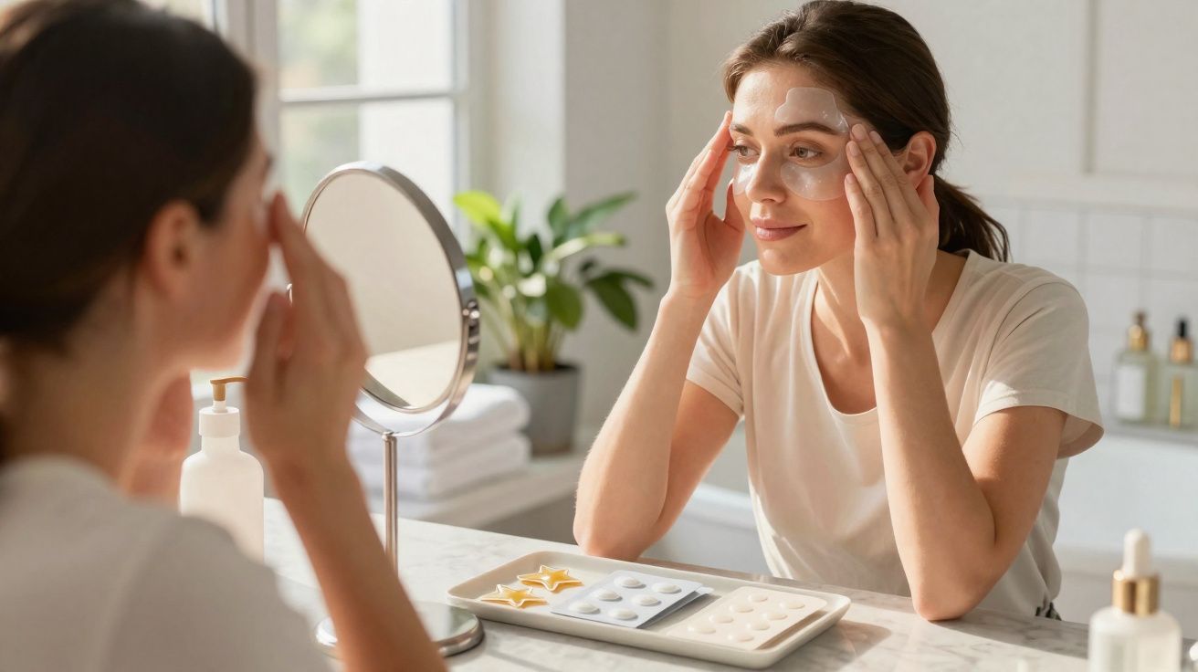 Mulher aplicando creme no rosto diante de espelho em banheiro iluminado e organizado.
